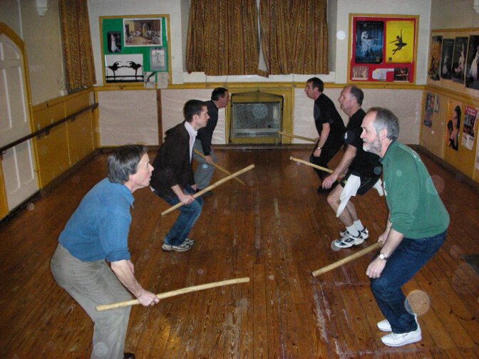 holt morris practice with sticks at the Mount Pleasant Social Club, Bradford-on-Avon